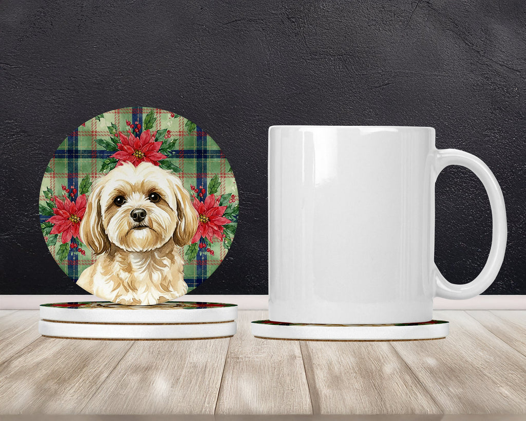 Cream Lhasa Apso Christmas PoinsettIas Large Sandstone Coasters Pack of 4 Absorbent Round Coasters Decor Gifts for Men or Women, 4 in, Multicolor