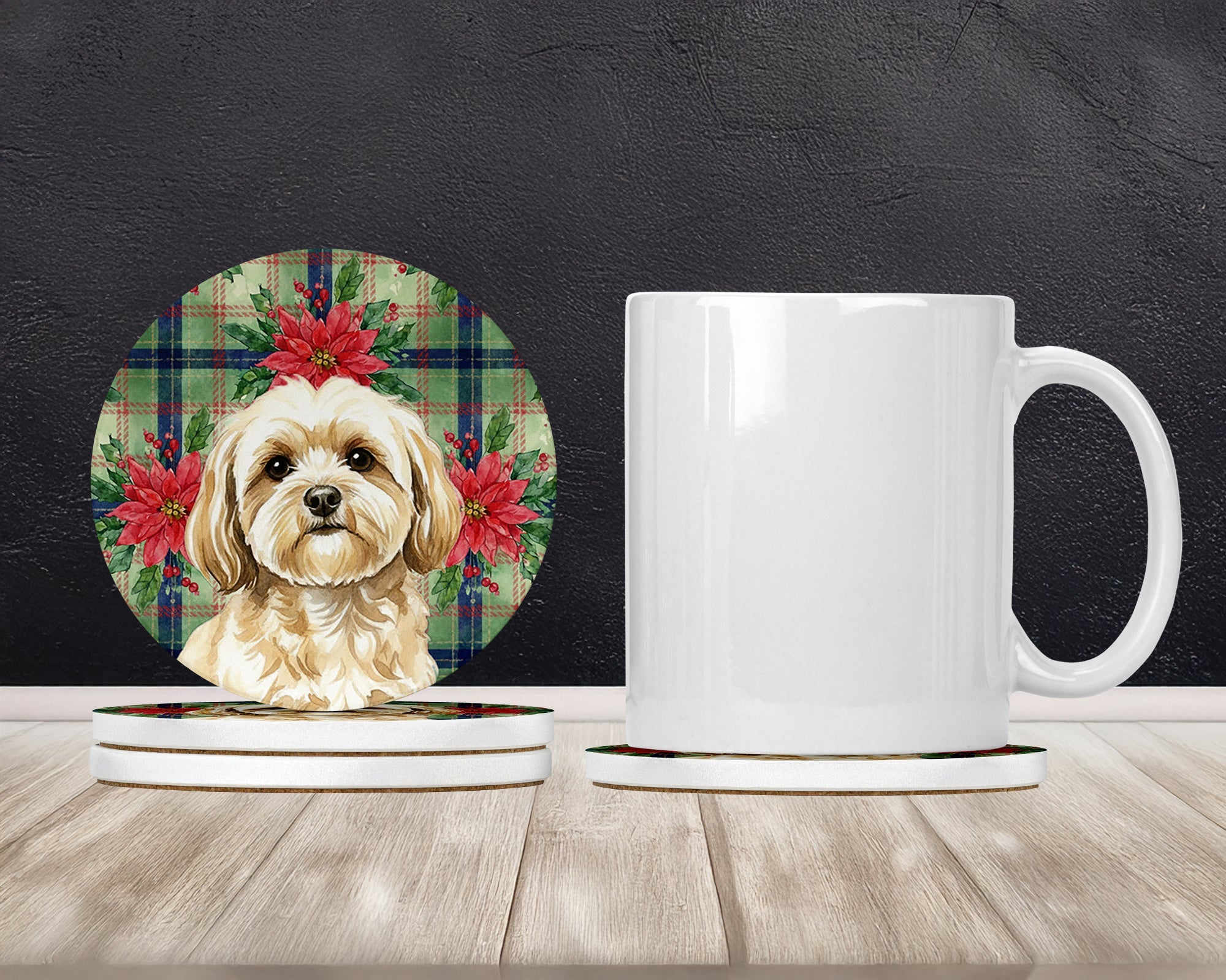 Cream Lhasa Apso Christmas PoinsettIas Large Sandstone Coasters Pack of 4 Absorbent Round Coasters Decor Gifts for Men or Women, 4 in, Multicolor