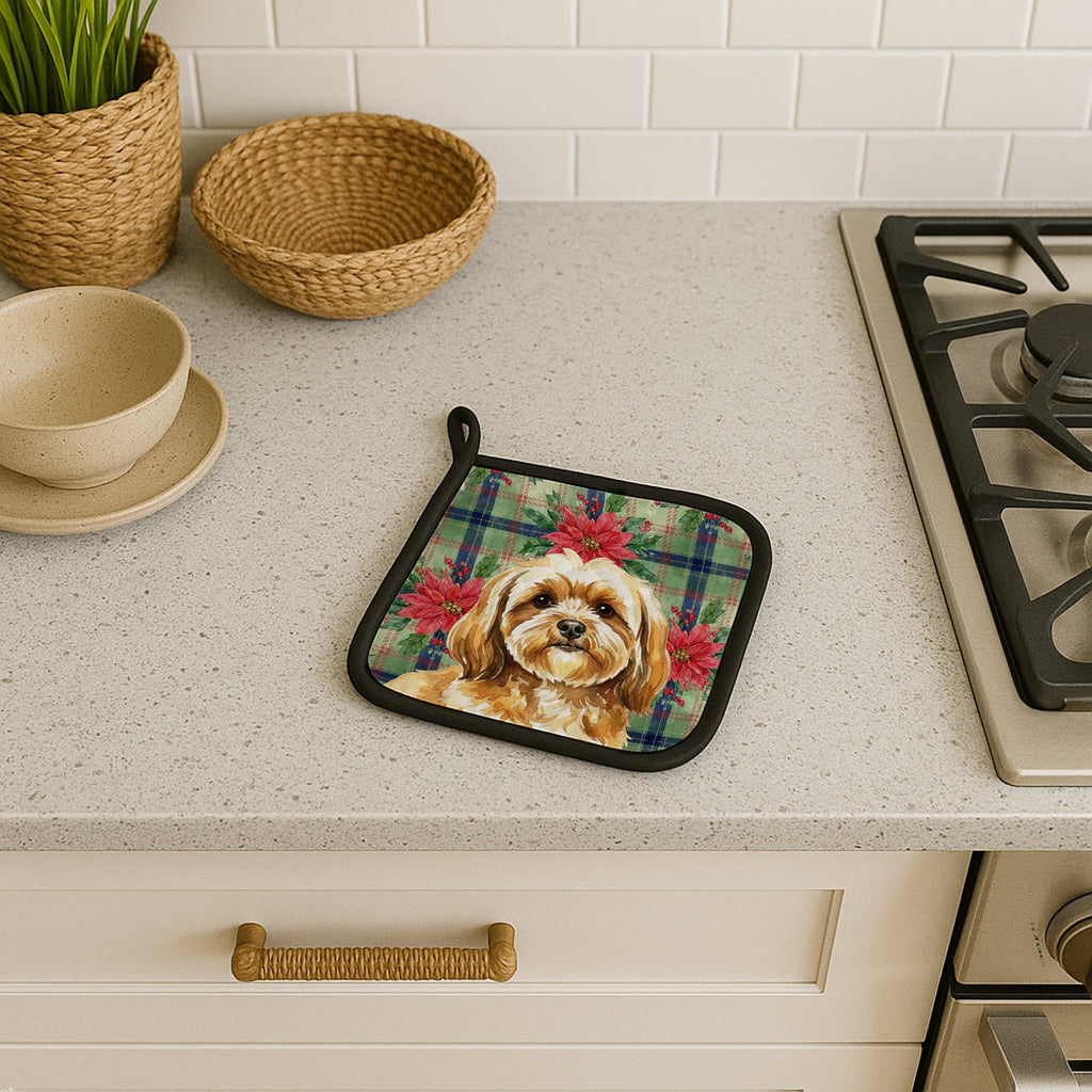 Gold Lhasa Apso Christmas PoinsettIas Pot Holder Set of 2 Heat Resistant Quilted Hot Pads 7.5 x 7.5 Inch, Insulated Kitchen Trivets for Cooking & Baking