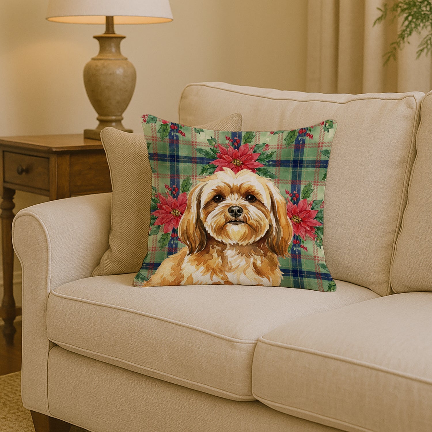 Gold Lhasa Apso Christmas PoinsettIas Decorative Throw Pillow 14x14 Indoor Outdoor Accent Cushion, Fabric Cover with Insert for Sofa, Bed, Porch & Living Room