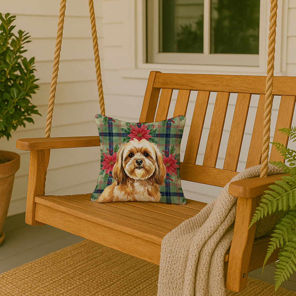 Gold Lhasa Apso Christmas PoinsettIas Decorative Throw Pillow 14x14 Indoor Outdoor Accent Cushion, Fabric Cover with Insert for Sofa, Bed, Porch & Living Room