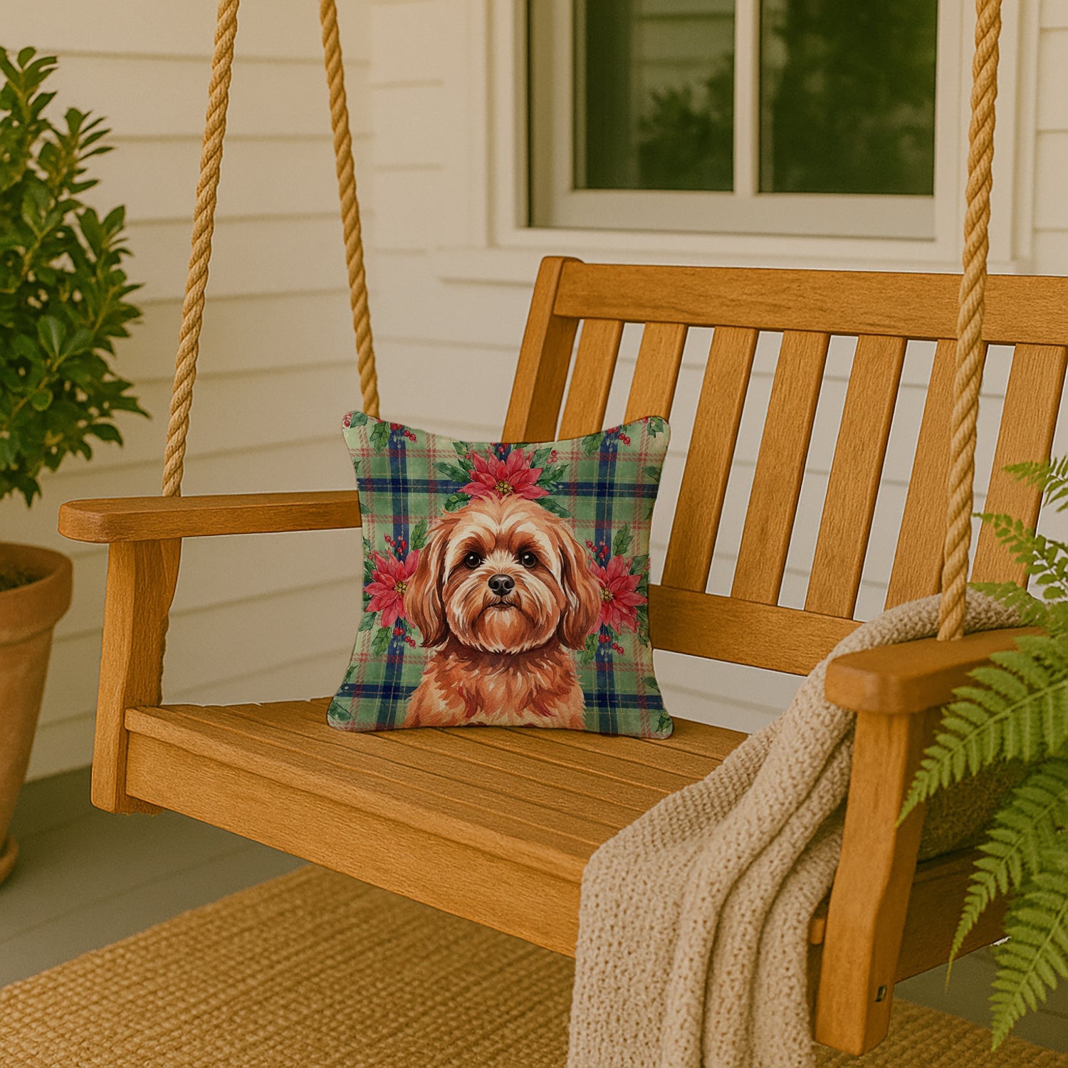 Red Lhasa Apso Christmas PoinsettIas Decorative Throw Pillow 14x14 Indoor Outdoor Accent Cushion, Fabric Cover with Insert for Sofa, Bed, Porch & Living Room