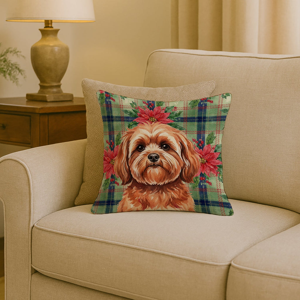 Red Lhasa Apso Christmas PoinsettIas Decorative Throw Pillow 18x18 Indoor Outdoor Accent Cushion, Fabric Cover with Insert for Sofa, Bed, Porch & Living Room