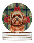 Red Lhasa Apso Christmas PoinsettIas Large Sandstone Coasters Pack of 4 Absorbent Round Coasters Decor Gifts for Men or Women, 4 in, Multicolor