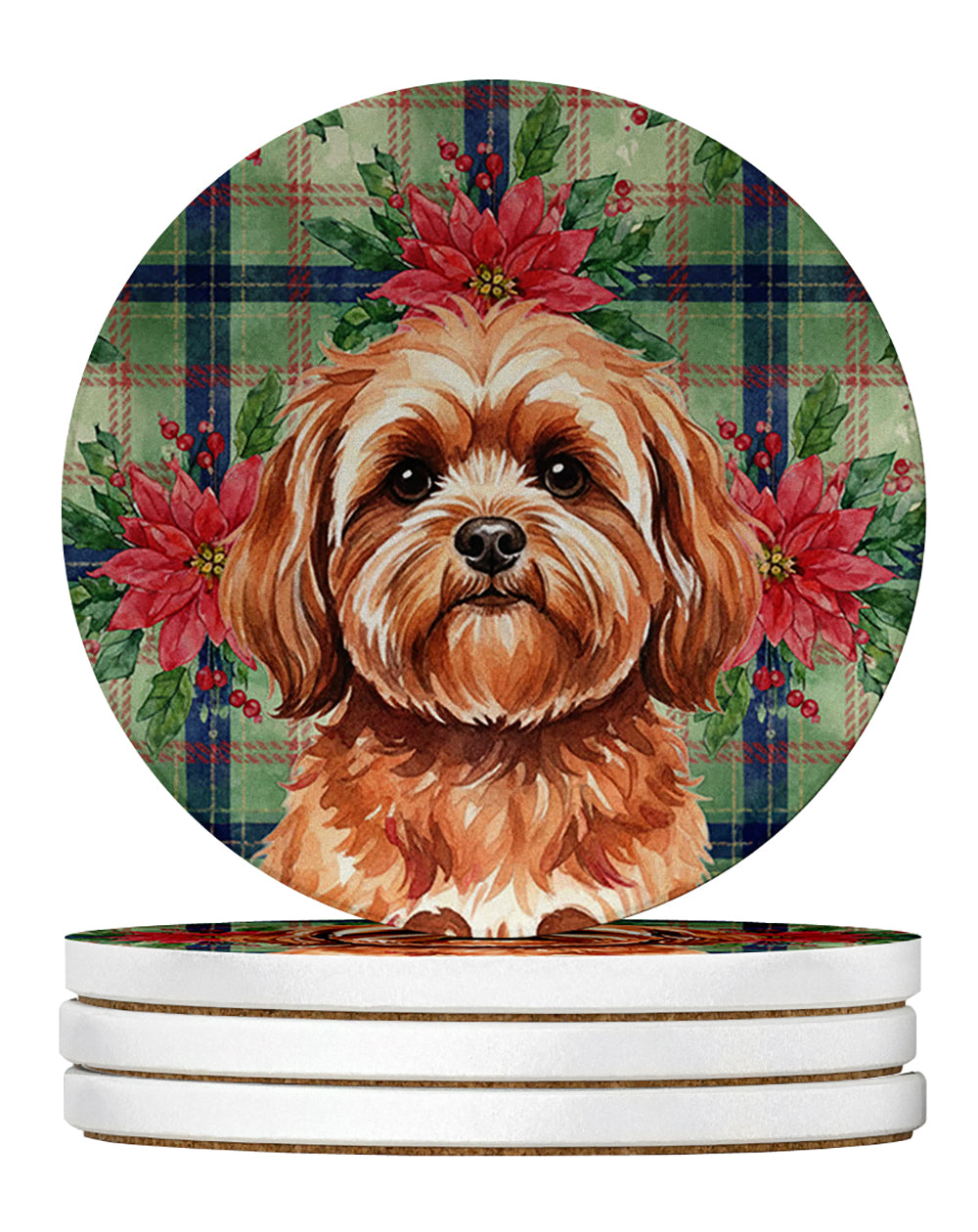 Red Lhasa Apso Christmas PoinsettIas Large Sandstone Coasters Pack of 4 Absorbent Round Coasters Decor Gifts for Men or Women, 4 in, Multicolor