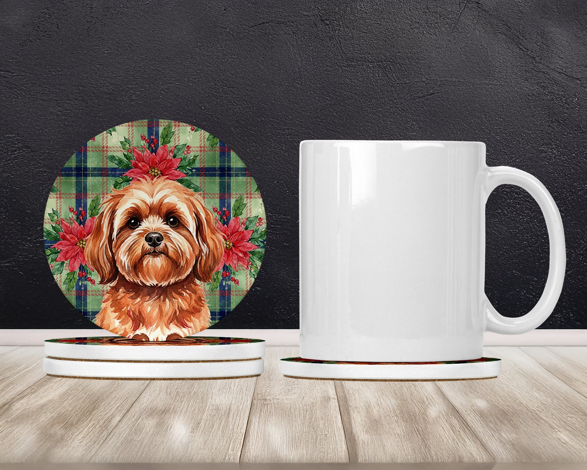 Red Lhasa Apso Christmas PoinsettIas Large Sandstone Coasters Pack of 4 Absorbent Round Coasters Decor Gifts for Men or Women, 4 in, Multicolor