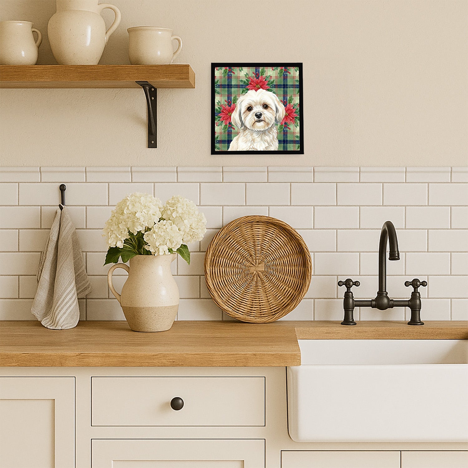 White Lhasa Apso Christmas PoinsettIas Framed Metal Print Bathroom, Kitchen, Office, Home Decor Wall Art Ready to Hang, Square, 8X8