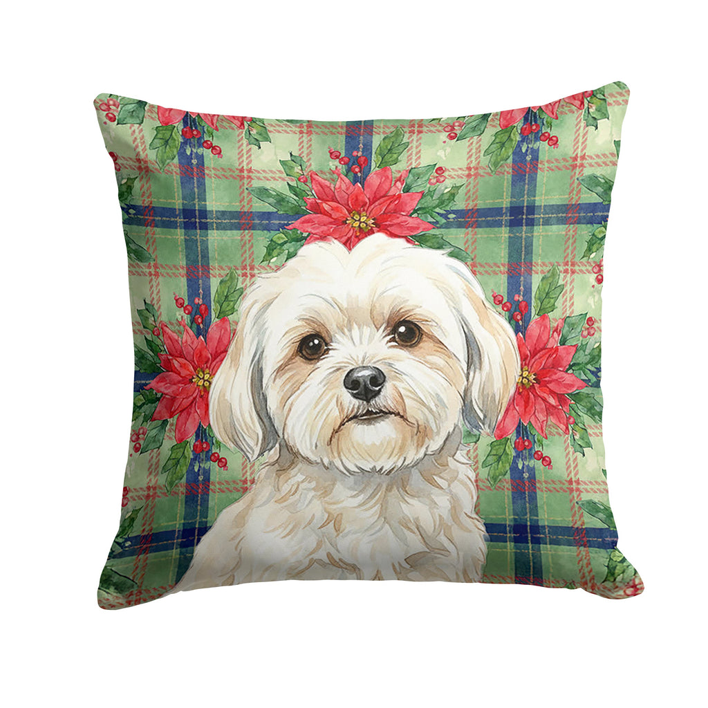 White Lhasa Apso Christmas PoinsettIas Decorative Throw Pillow 18x18 Indoor Outdoor Accent Cushion, Fabric Cover with Insert for Sofa, Bed, Porch & Living Room