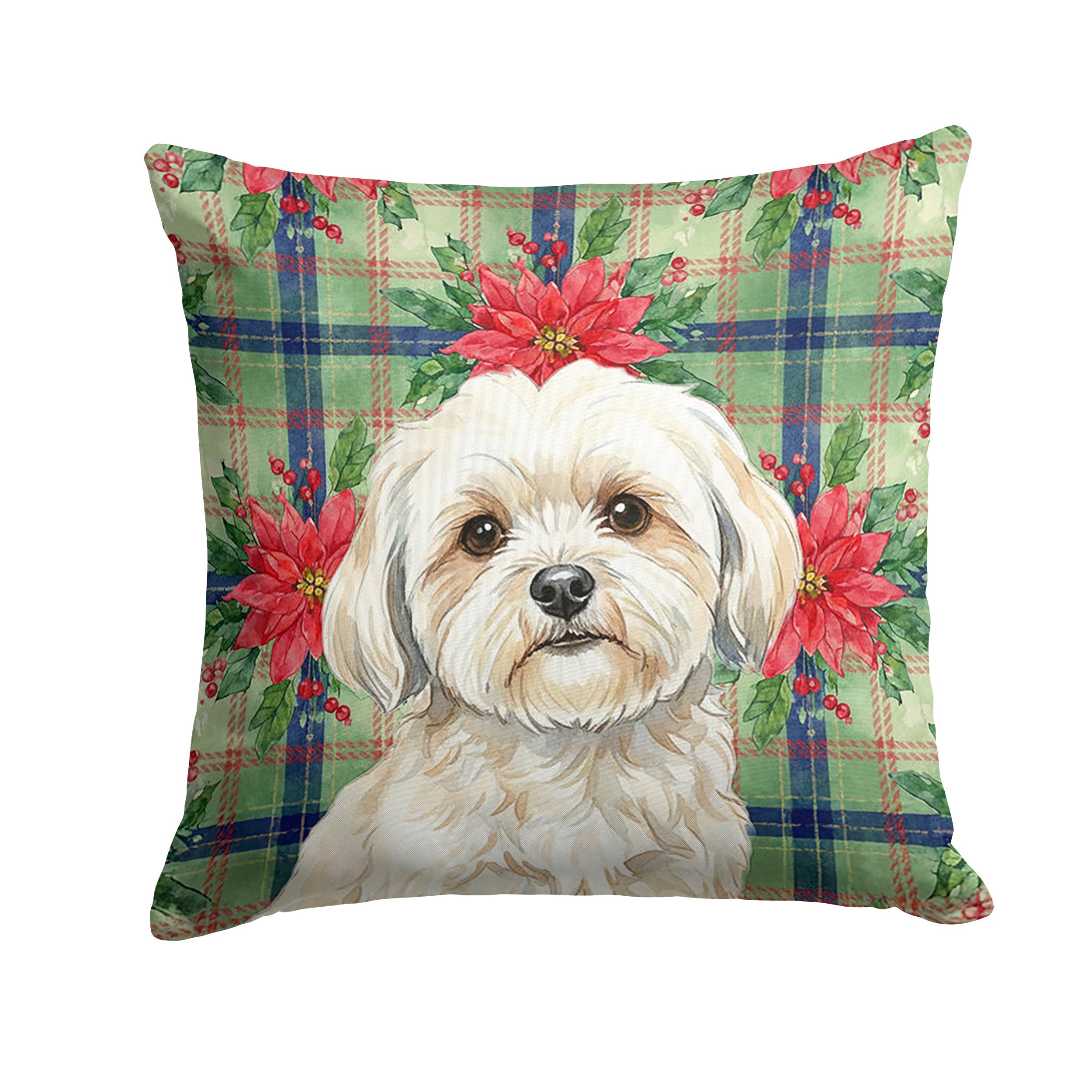 White Lhasa Apso Christmas PoinsettIas Decorative Throw Pillow 18x18 Indoor Outdoor Accent Cushion, Fabric Cover with Insert for Sofa, Bed, Porch & Living Room