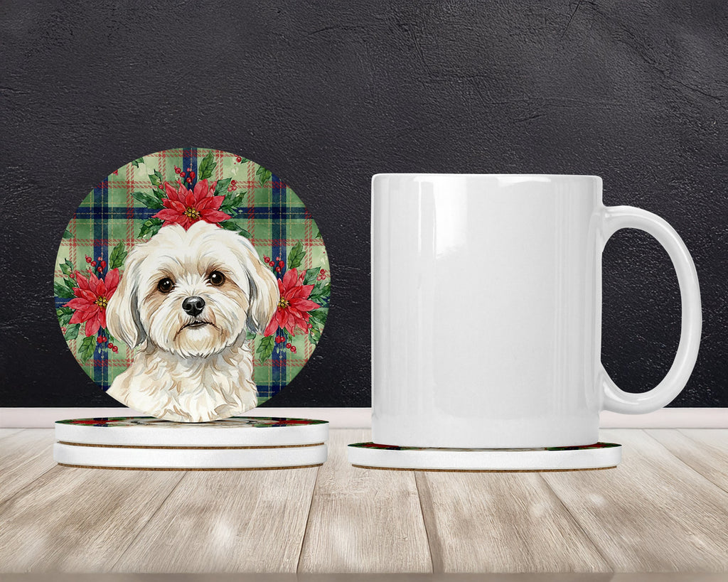 White Lhasa Apso Christmas PoinsettIas Large Sandstone Coasters Pack of 4 Absorbent Round Coasters Decor Gifts for Men or Women, 4 in, Multicolor