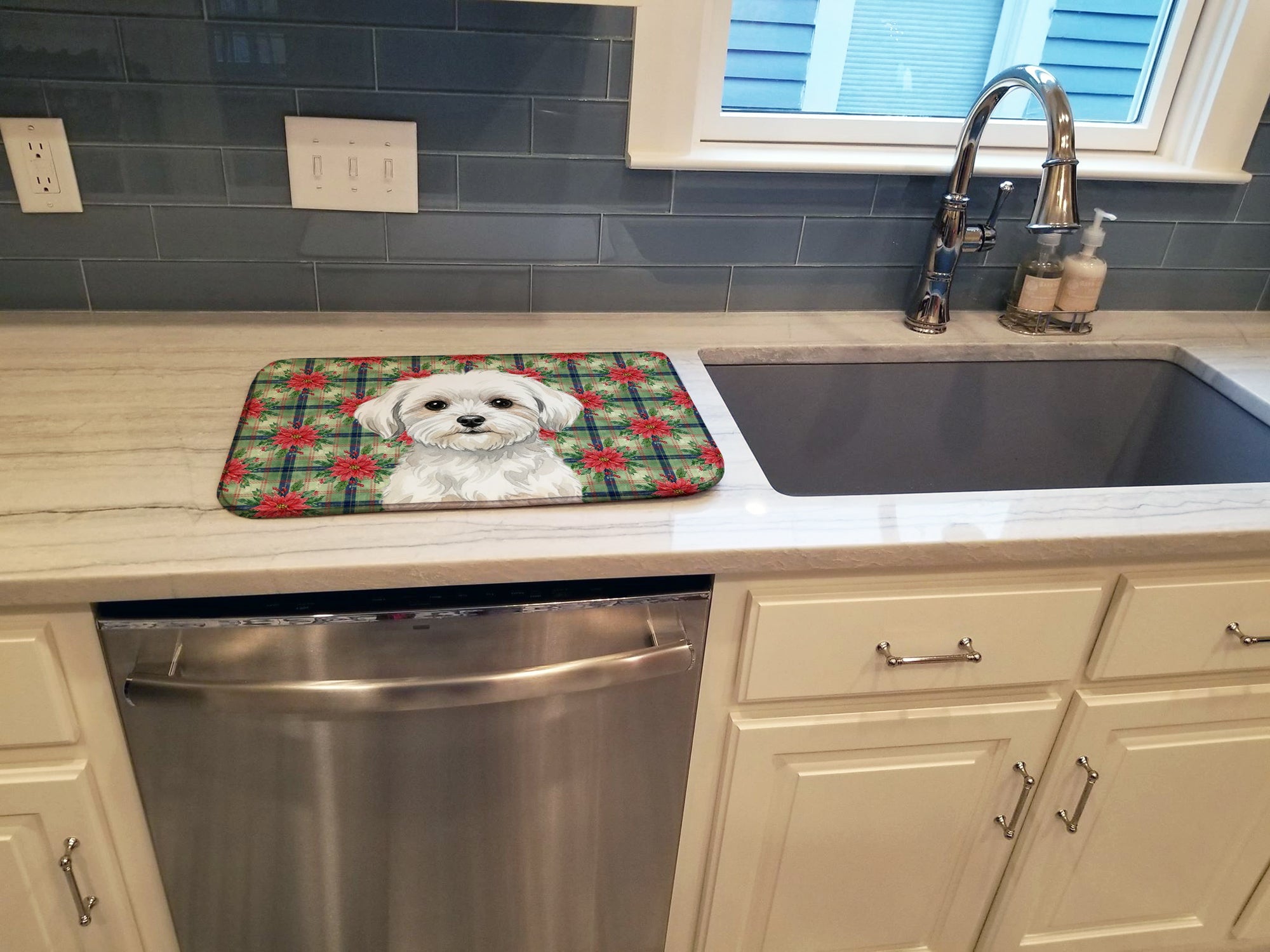 Maltese Christmas PoinsettIas Dish Drying Mat Absorbent Dish Drying Mat Pad for Kitchen Counter Dish Drainer Mat for Countertop, 14 x 21", Multicolor