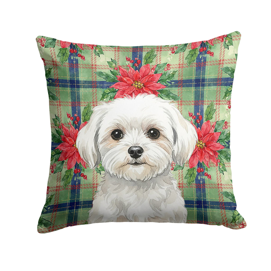 Maltese Christmas PoinsettIas Decorative Throw Pillow 14x14 Indoor Outdoor Accent Cushion, Fabric Cover with Insert for Sofa, Bed, Porch & Living Room