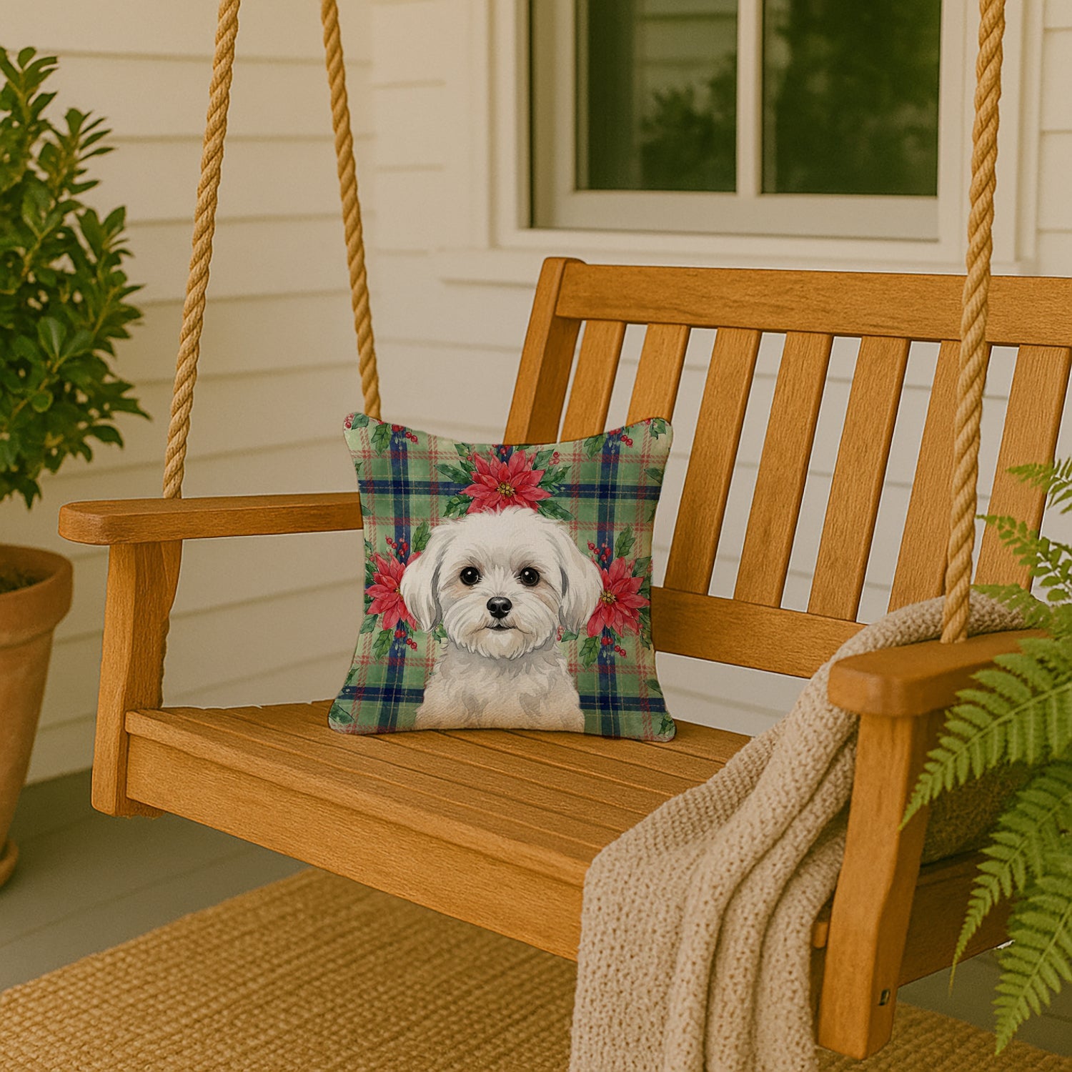 Maltese Christmas PoinsettIas Decorative Throw Pillow 14x14 Indoor Outdoor Accent Cushion, Fabric Cover with Insert for Sofa, Bed, Porch & Living Room
