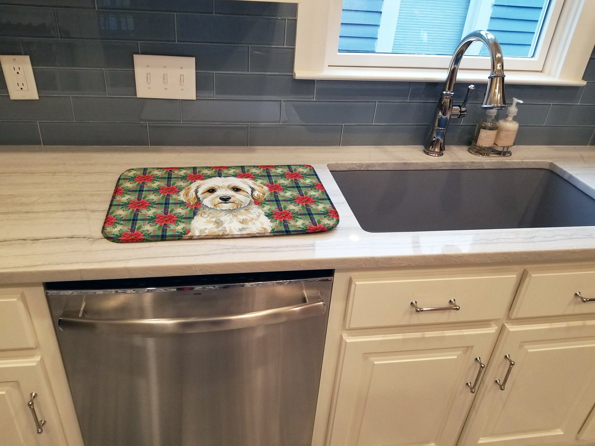 Maltipoo Christmas PoinsettIas Dish Drying Mat Absorbent Dish Drying Mat Pad for Kitchen Counter Dish Drainer Mat for Countertop, 14 x 21", Multicolor