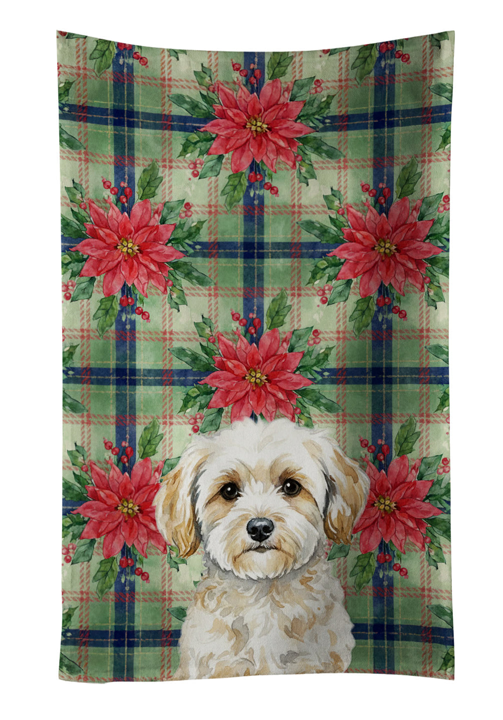 Maltipoo Christmas PoinsettIas Kitchen Towel Velour Plush Front and Cotton Loop Back Machine Washable