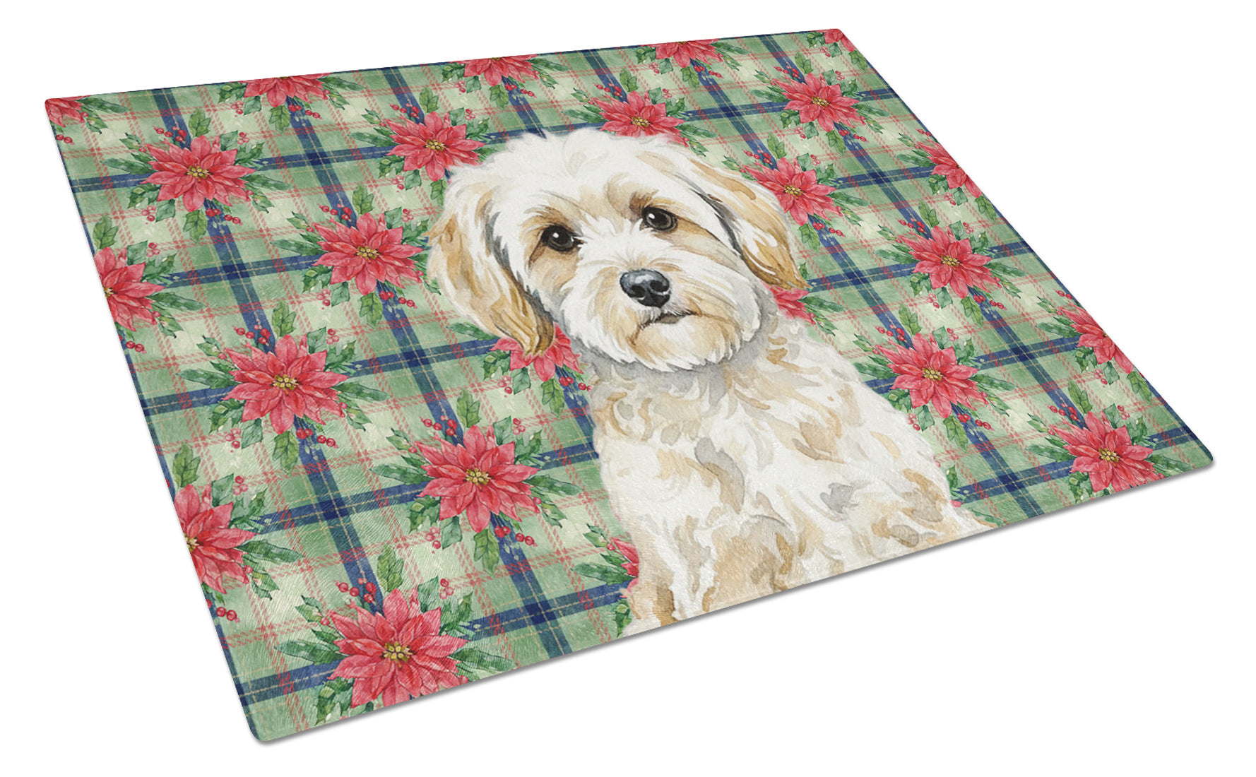 Maltipoo Christmas PoinsettIas Cutting Board Tempered Glass Kitchen Cutting Surface, Heat Resistant Chopping, Non-Slip Feet, Food Prep & Serving