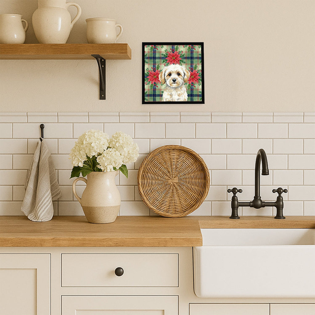 Maltipoo Christmas PoinsettIas Framed Metal Print Bathroom, Kitchen, Office, Home Decor Wall Art Ready to Hang, Square, 8X8