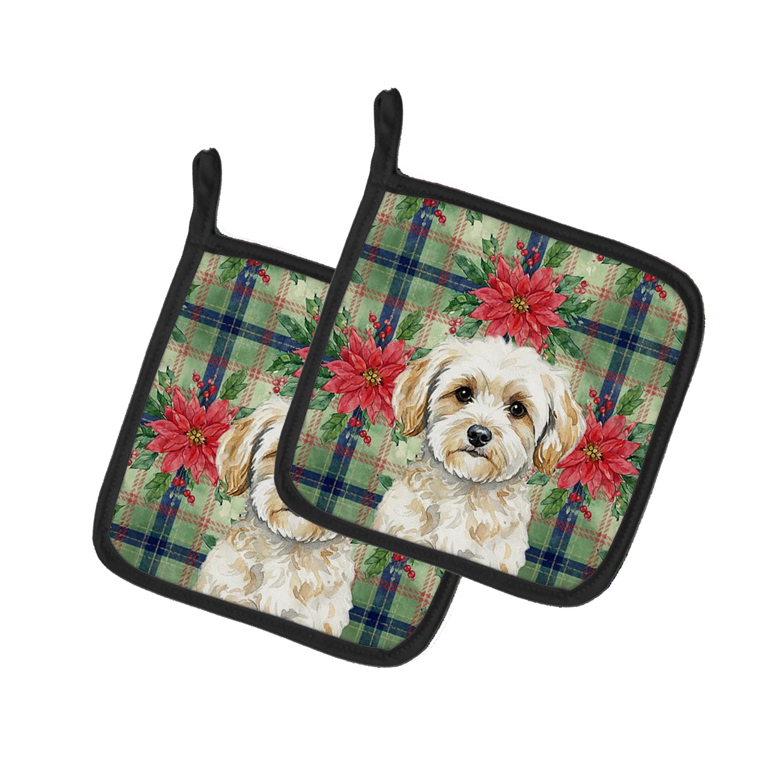 Maltipoo Christmas PoinsettIas Pot Holder Set of 2 Heat Resistant Quilted Hot Pads 7.5 x 7.5 Inch, Insulated Kitchen Trivets for Cooking & Baking