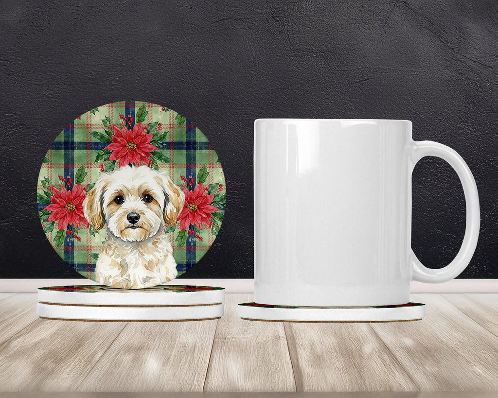 Maltipoo Christmas PoinsettIas Large Sandstone Coasters Pack of 4 Absorbent Round Coasters Decor Gifts for Men or Women, 4 in, Multicolor