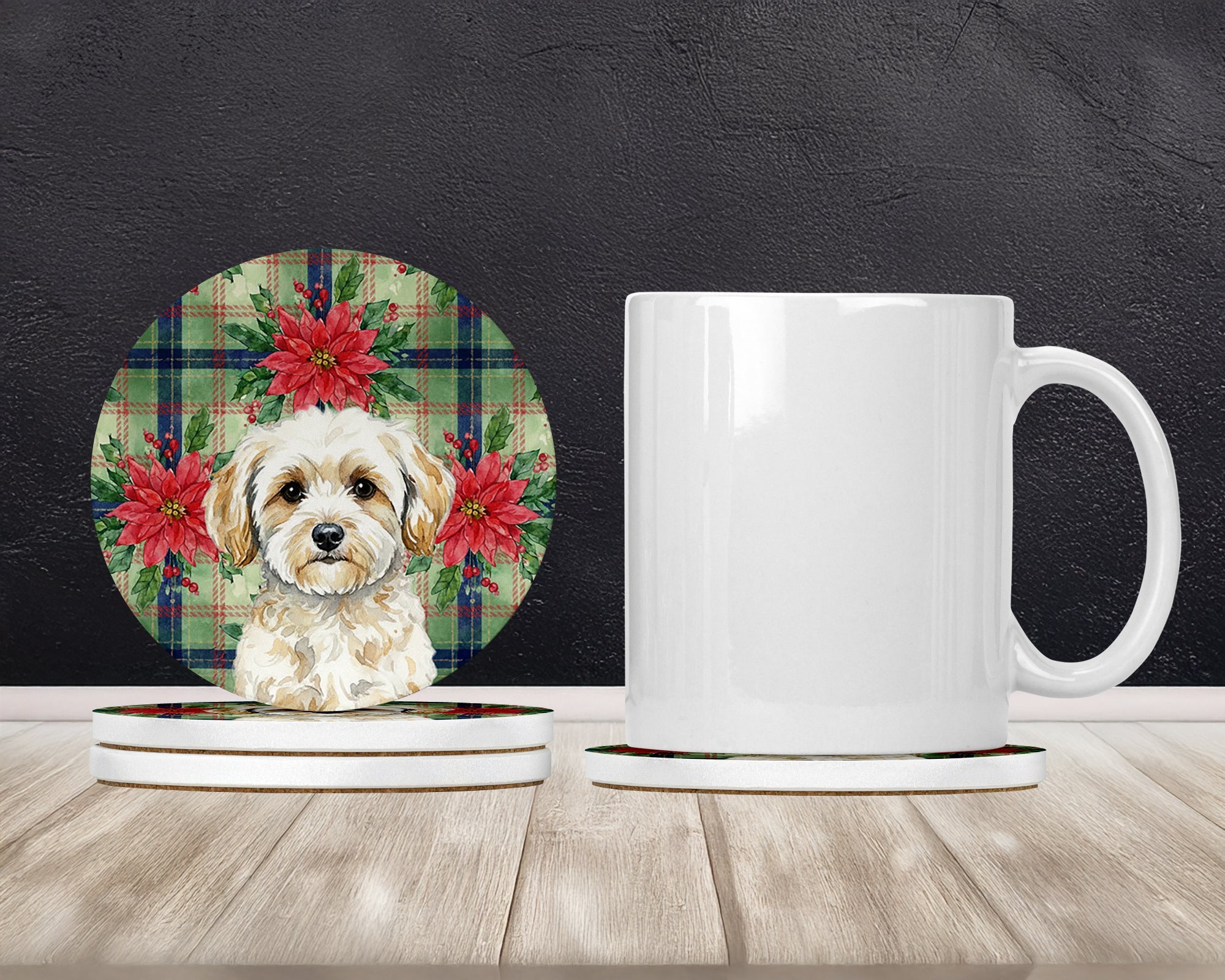 Maltipoo Christmas PoinsettIas Large Sandstone Coasters Pack of 4 Absorbent Round Coasters Decor Gifts for Men or Women, 4 in, Multicolor