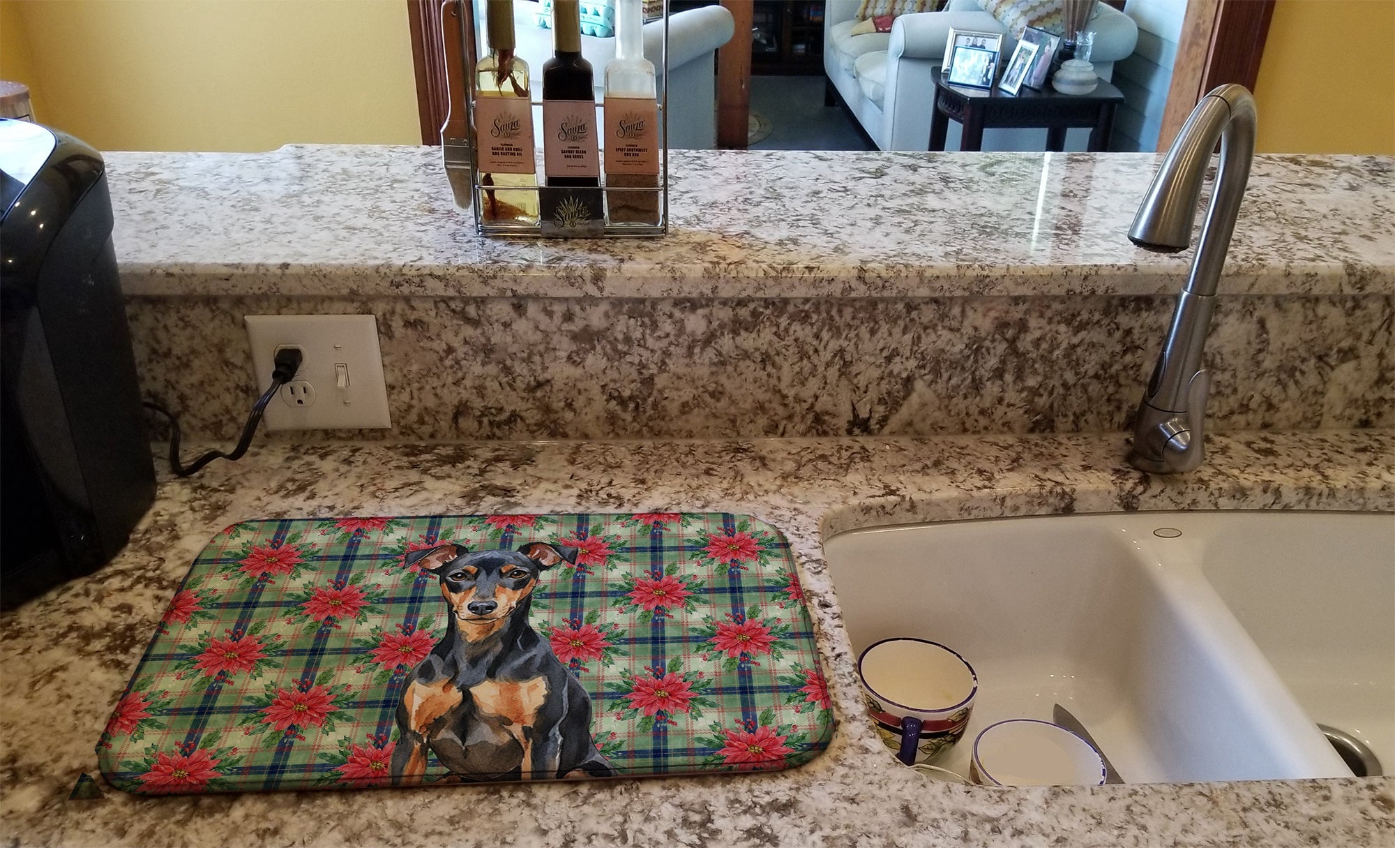Manchester Terrier Christmas PoinsettIas Dish Drying Mat Absorbent Dish Drying Mat Pad for Kitchen Counter Dish Drainer Mat for Countertop, 14 x 21", Multicolor
