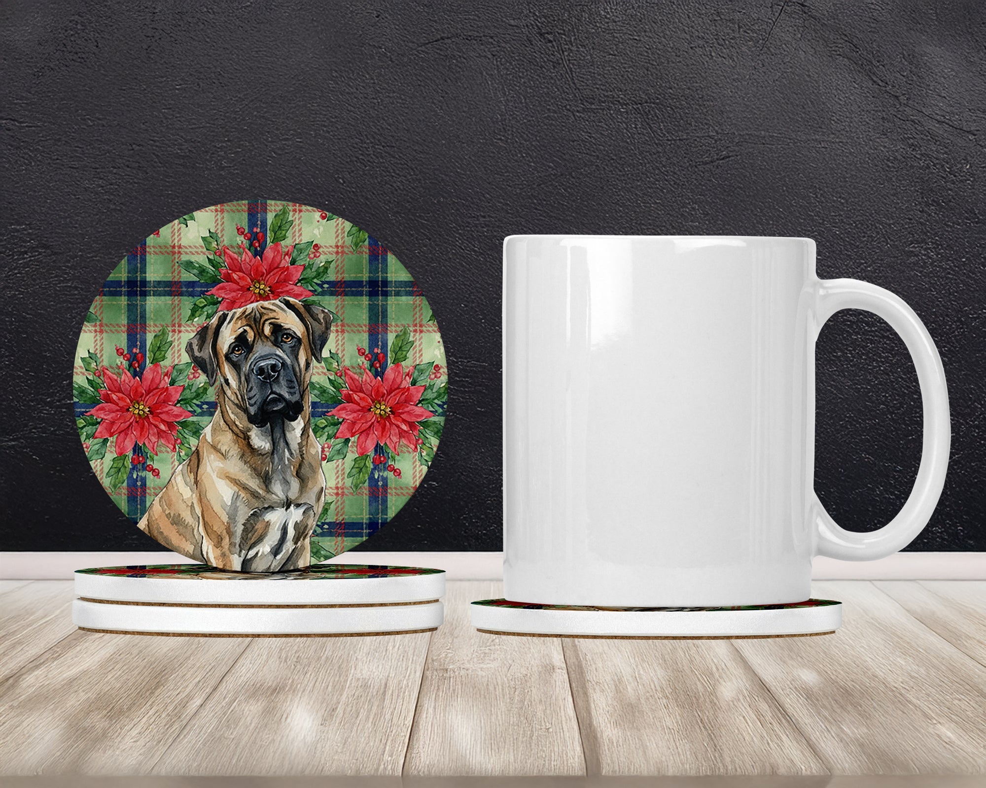 Brindle Mastiff Christmas PoinsettIas Large Sandstone Coasters Pack of 4 Absorbent Round Coasters Decor Gifts for Men or Women, 4 in, Multicolor