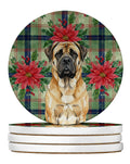Fawn Mastiff Christmas PoinsettIas Large Sandstone Coasters Pack of 4 Absorbent Round Coasters Decor Gifts for Men or Women, 4 in, Multicolor