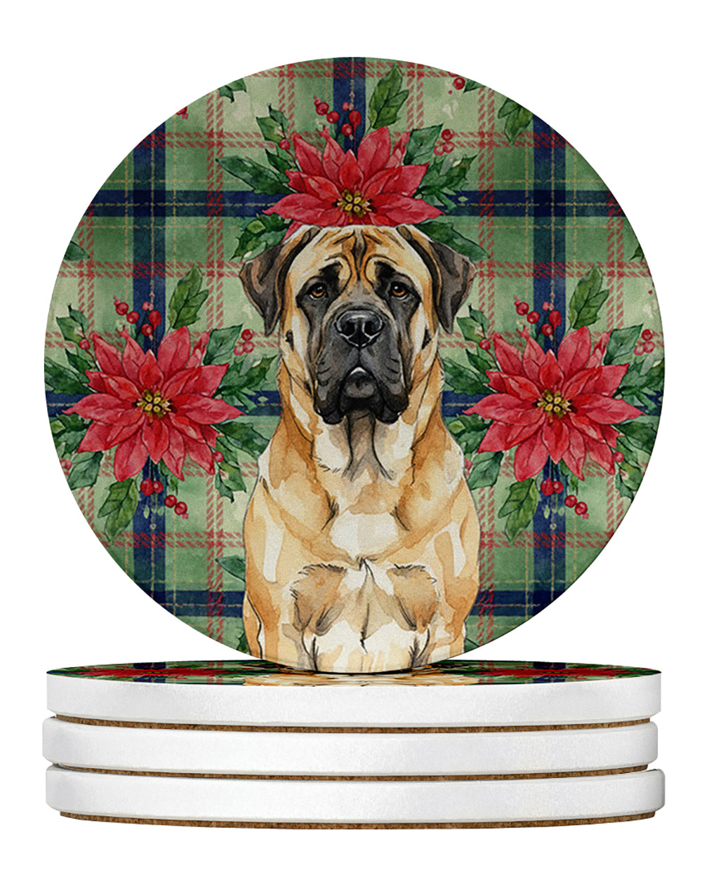 Fawn Mastiff Christmas PoinsettIas Large Sandstone Coasters Pack of 4 Absorbent Round Coasters Decor Gifts for Men or Women, 4 in, Multicolor