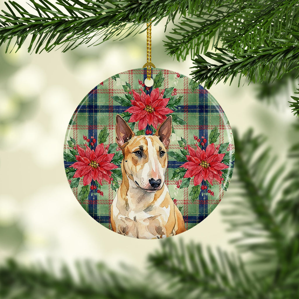 Miniature Bull Terrier Christmas PoinsettIas Ceramic Ornament Christmas Tree Hanging Decorations for Home Christmas Holiday, Party, Gift, 3 in, Multicolor