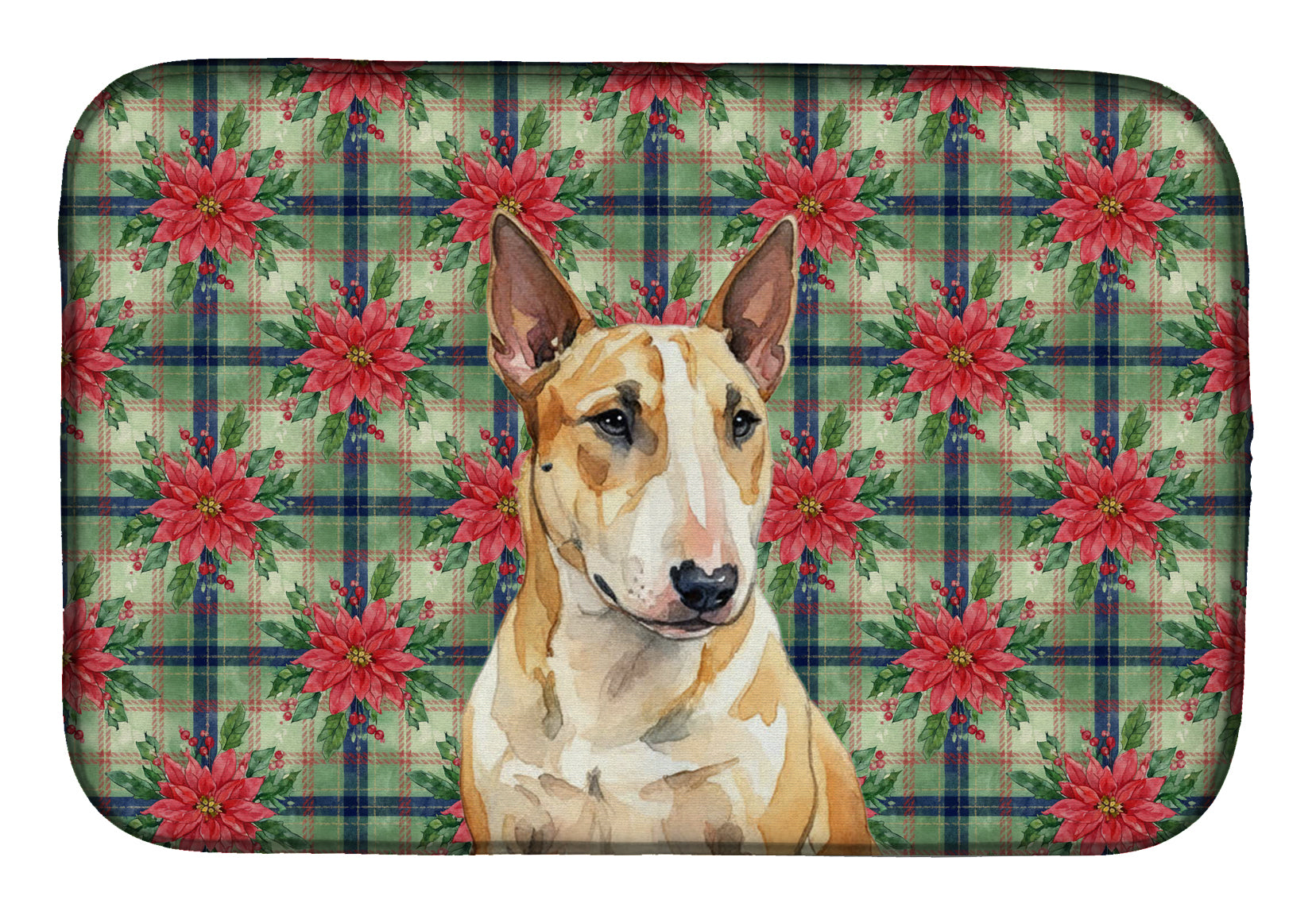 Miniature Bull Terrier Christmas PoinsettIas Dish Drying Mat Absorbent Dish Drying Mat Pad for Kitchen Counter Dish Drainer Mat for Countertop, 14 x 21", Multicolor