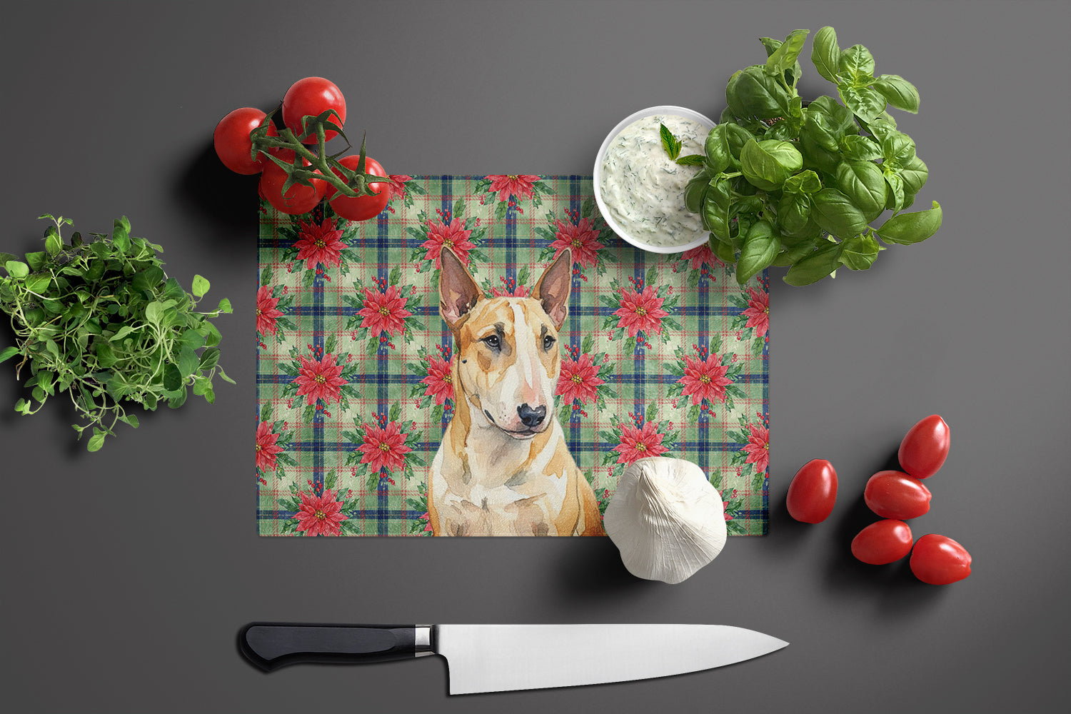 Miniature Bull Terrier Christmas PoinsettIas Cutting Board Tempered Glass Kitchen Cutting Surface, Heat Resistant Chopping, Non-Slip Feet, Food Prep & Serving