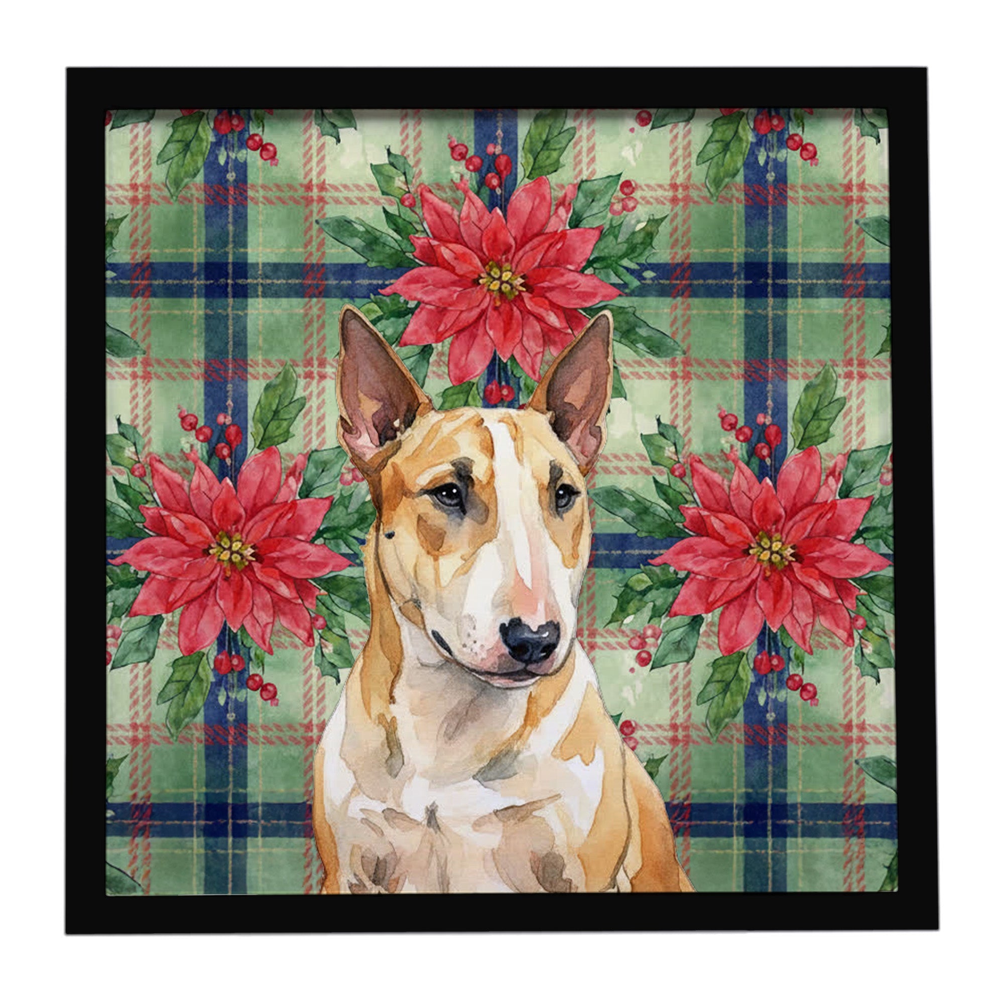 Miniature Bull Terrier Christmas PoinsettIas Framed Metal Print Bathroom, Kitchen, Office, Home Decor Wall Art Ready to Hang, Square, 8X8