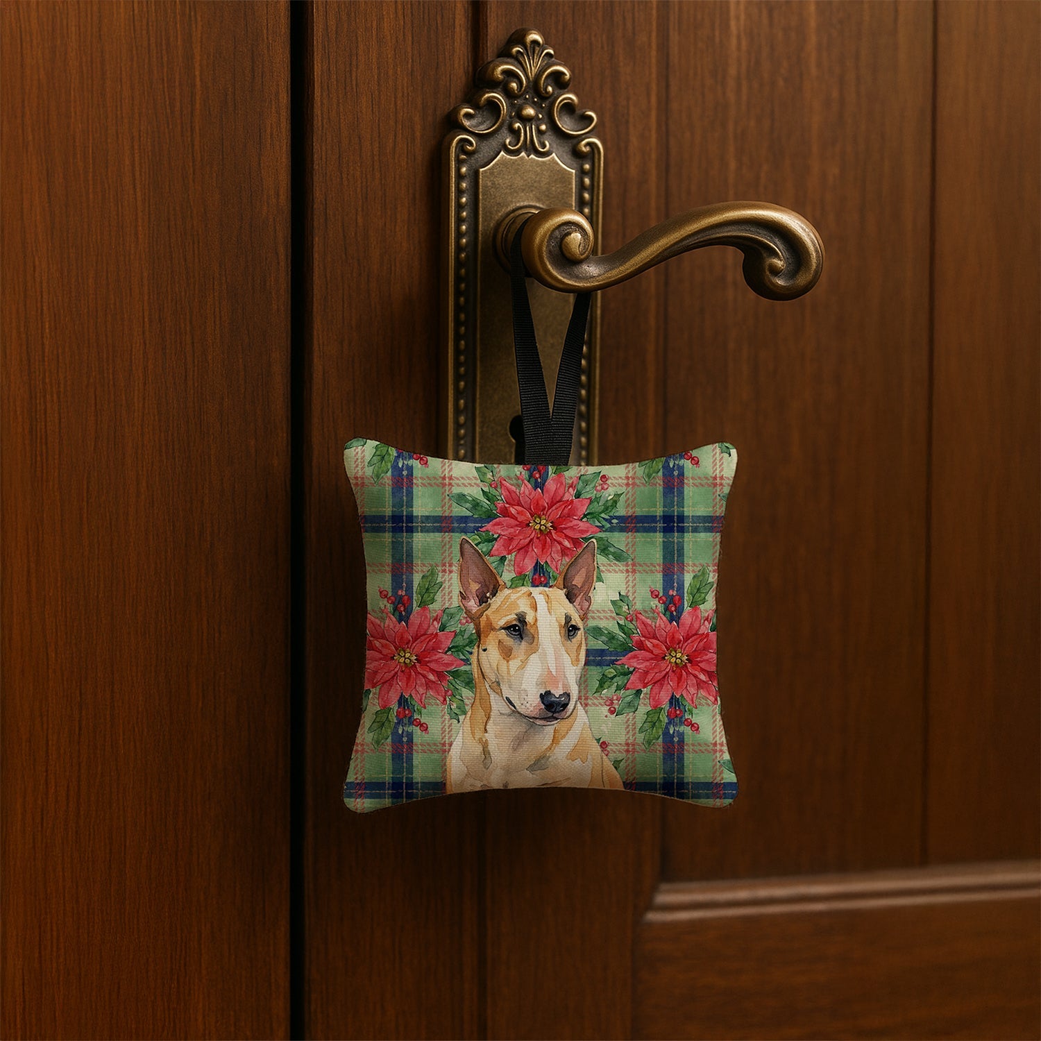 Miniature Bull Terrier Christmas PoinsettIas Hanging Square Fabric Ornament 3.5 � 3.5 Decorative Door-Knob & Tree Hanger, Soft Fabric