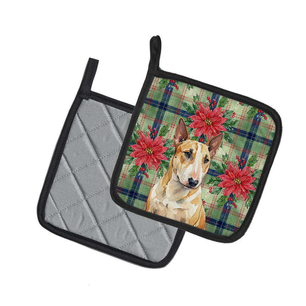 Miniature Bull Terrier Christmas PoinsettIas Pot Holder Set of 2 Heat Resistant Quilted Hot Pads 7.5 x 7.5 Inch, Insulated Kitchen Trivets for Cooking & Baking