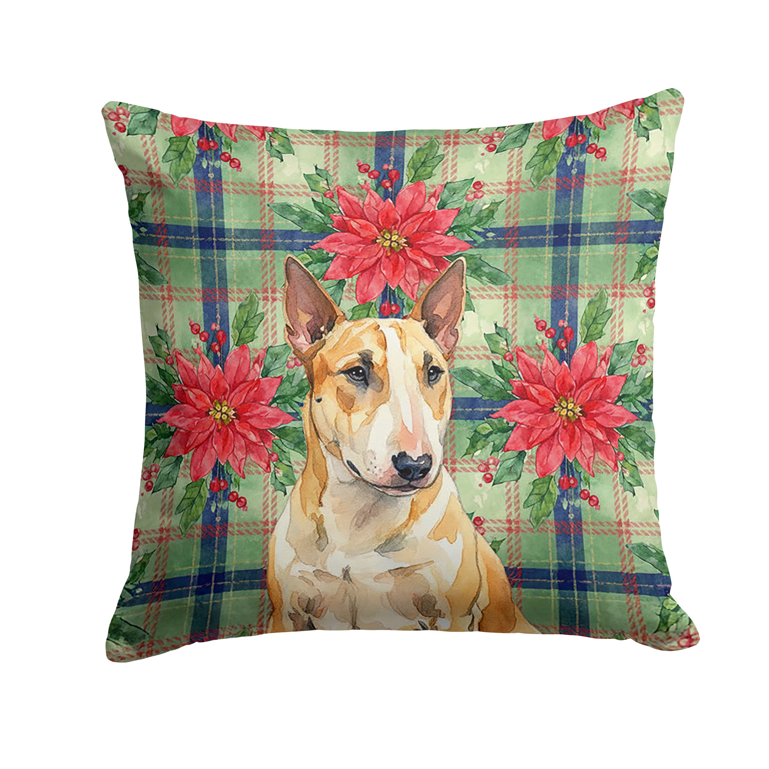Miniature Bull Terrier Christmas PoinsettIas Decorative Throw Pillow 18x18 Indoor Outdoor Accent Cushion, Fabric Cover with Insert for Sofa, Bed, Porch & Living Room