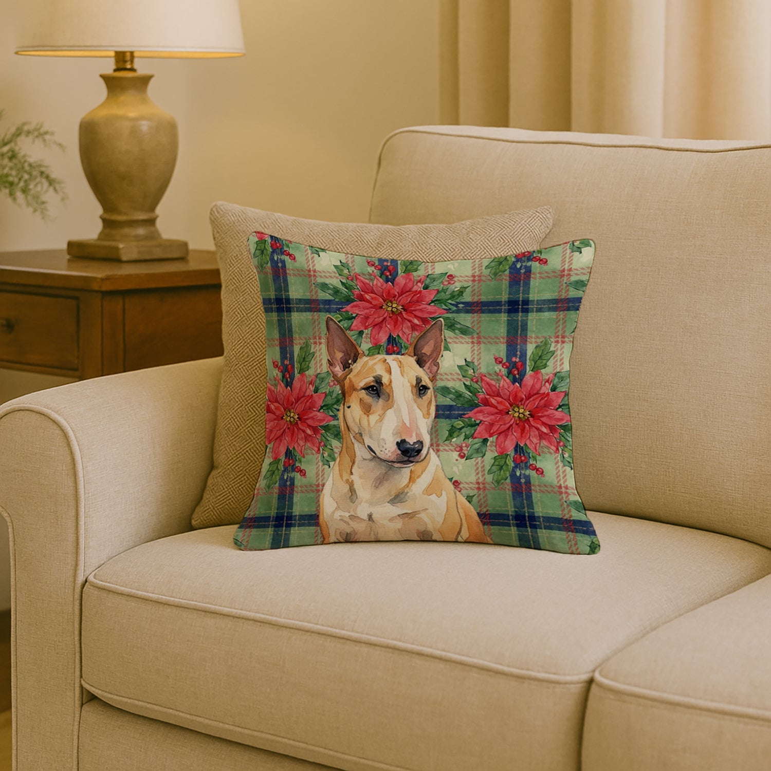 Miniature Bull Terrier Christmas PoinsettIas Decorative Throw Pillow 18x18 Indoor Outdoor Accent Cushion, Fabric Cover with Insert for Sofa, Bed, Porch & Living Room
