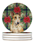 Miniature Bull Terrier Christmas PoinsettIas Large Sandstone Coasters Pack of 4 Absorbent Round Coasters Decor Gifts for Men or Women, 4 in, Multicolor