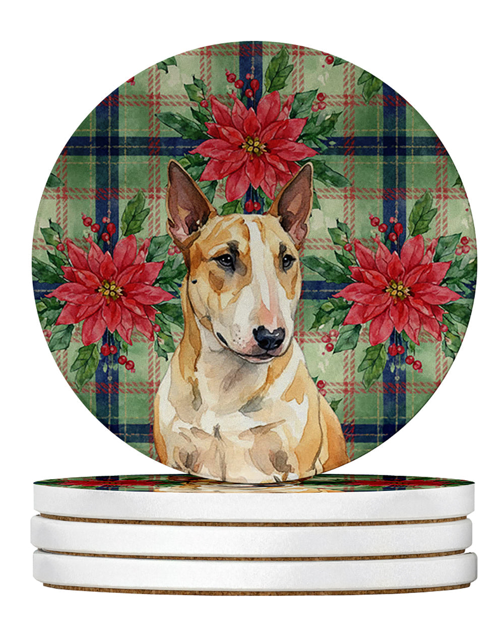 Miniature Bull Terrier Christmas PoinsettIas Large Sandstone Coasters Pack of 4 Absorbent Round Coasters Decor Gifts for Men or Women, 4 in, Multicolor