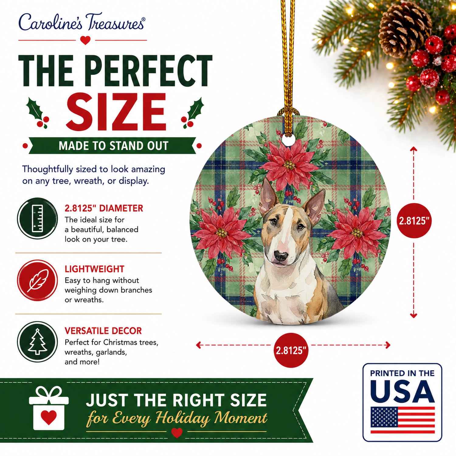 Tricolor Miniature Bull Terrier Christmas PoinsettIas Ceramic Ornament Christmas Tree Hanging Decorations for Home Christmas Holiday, Party, Gift, 3 in, Multicolor