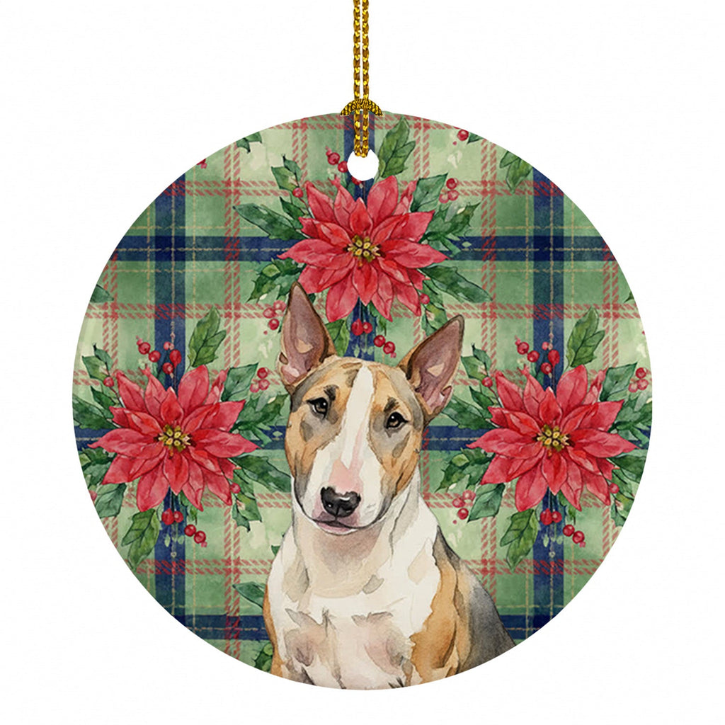 Tricolor Miniature Bull Terrier Christmas PoinsettIas Ceramic Ornament Christmas Tree Hanging Decorations for Home Christmas Holiday, Party, Gift, 3 in, Multicolor