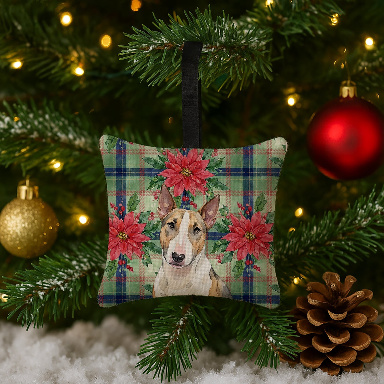 Tricolor Miniature Bull Terrier Christmas PoinsettIas Hanging Square Fabric Ornament 3.5 � 3.5 Decorative Door-Knob & Tree Hanger, Soft Fabric