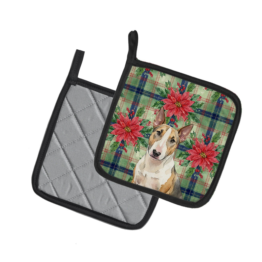 Tricolor Miniature Bull Terrier Christmas PoinsettIas Pot Holder Set of 2 Heat Resistant Quilted Hot Pads 7.5 x 7.5 Inch, Insulated Kitchen Trivets for Cooking & Baking