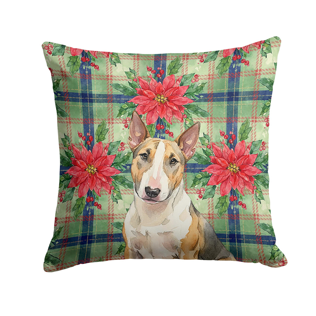 Tricolor Miniature Bull Terrier Christmas PoinsettIas Decorative Throw Pillow 14x14 Indoor Outdoor Accent Cushion, Fabric Cover with Insert for Sofa, Bed, Porch & Living Room