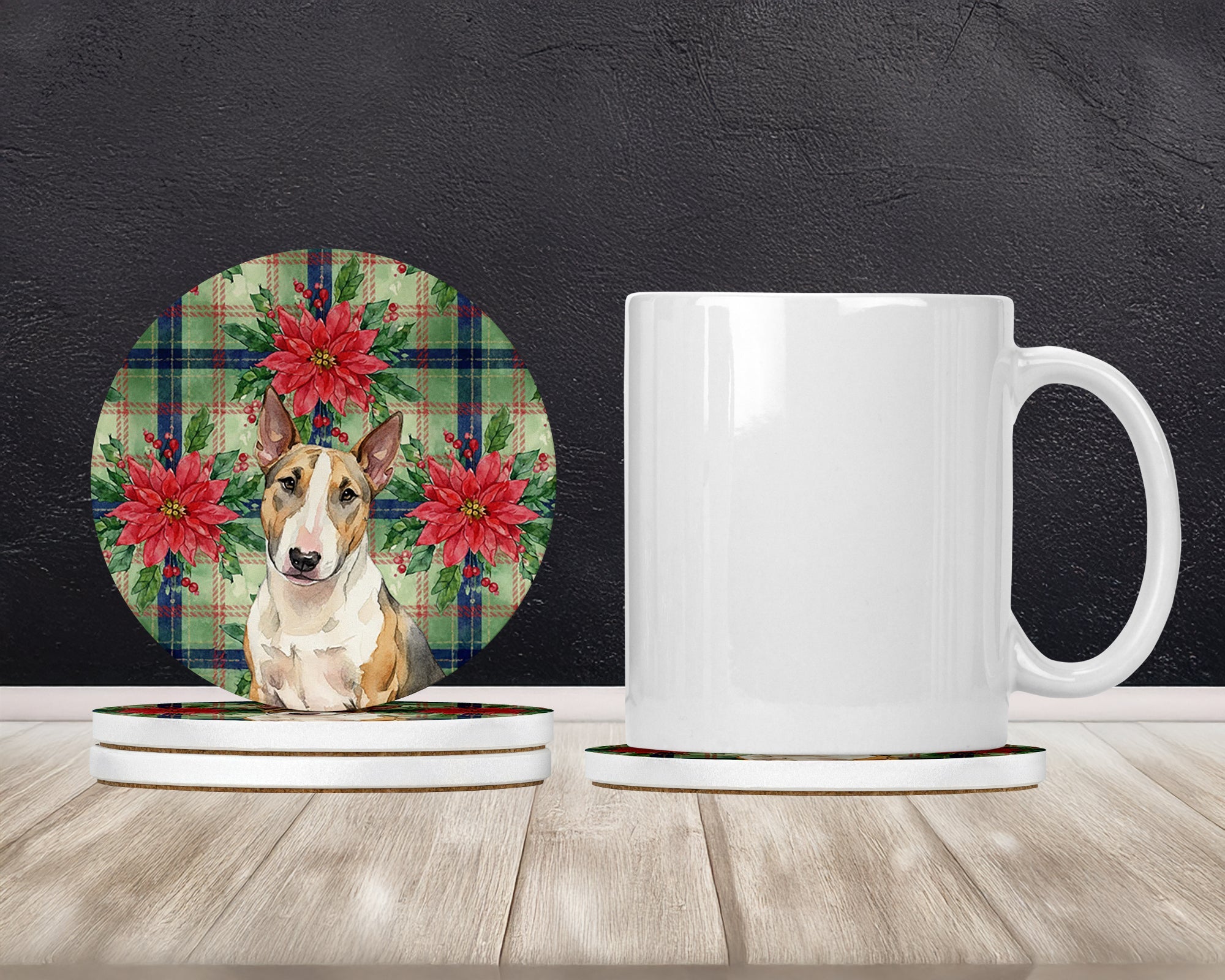 Tricolor Miniature Bull Terrier Christmas PoinsettIas Large Sandstone Coasters Pack of 4 Absorbent Round Coasters Decor Gifts for Men or Women, 4 in, Multicolor