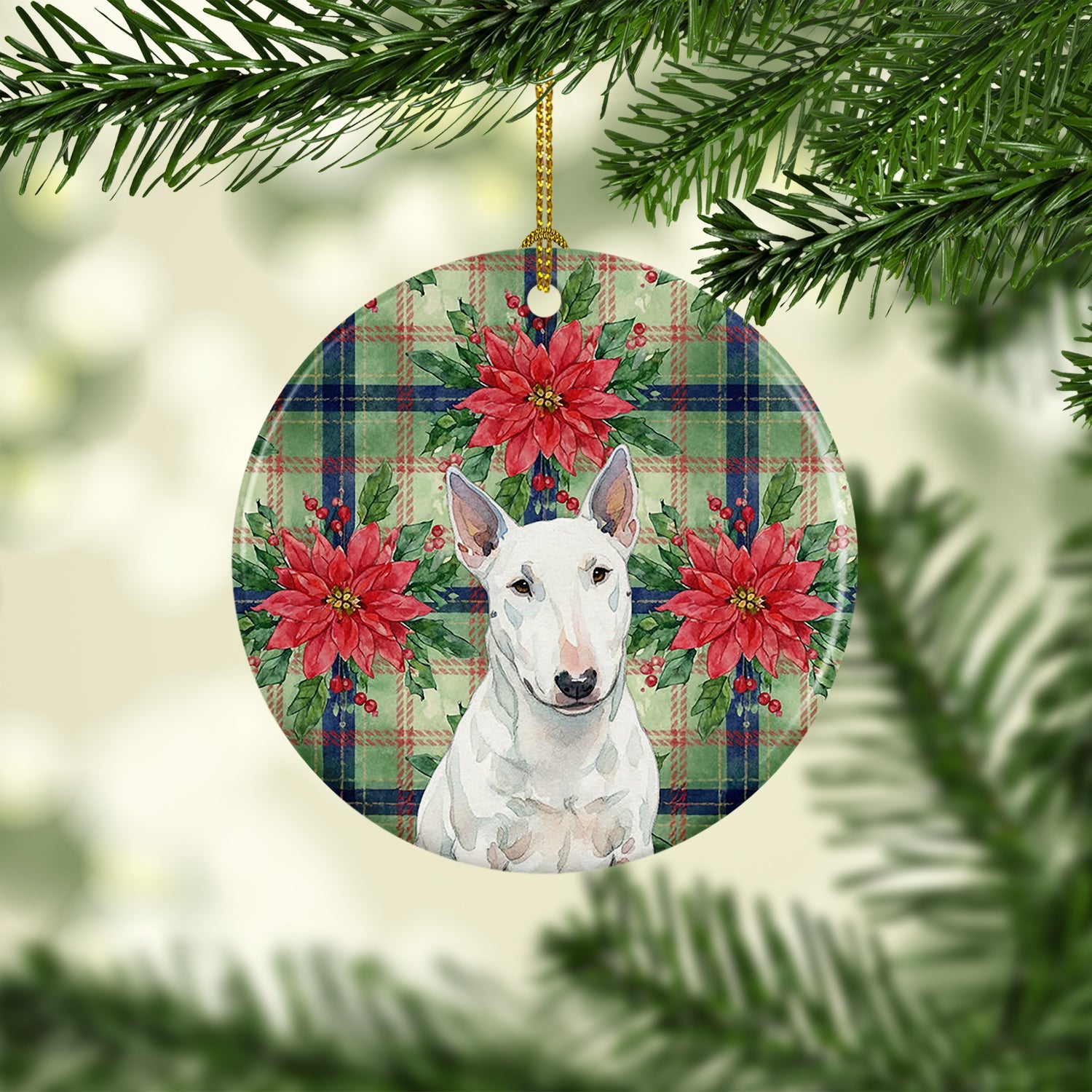 White Miniature Bull Terrier Christmas PoinsettIas Ceramic Ornament Christmas Tree Hanging Decorations for Home Christmas Holiday, Party, Gift, 3 in, Multicolor