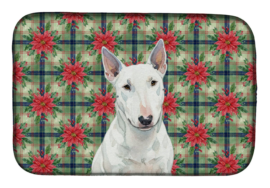 White Miniature Bull Terrier Christmas PoinsettIas Dish Drying Mat Absorbent Dish Drying Mat Pad for Kitchen Counter Dish Drainer Mat for Countertop, 14 x 21", Multicolor