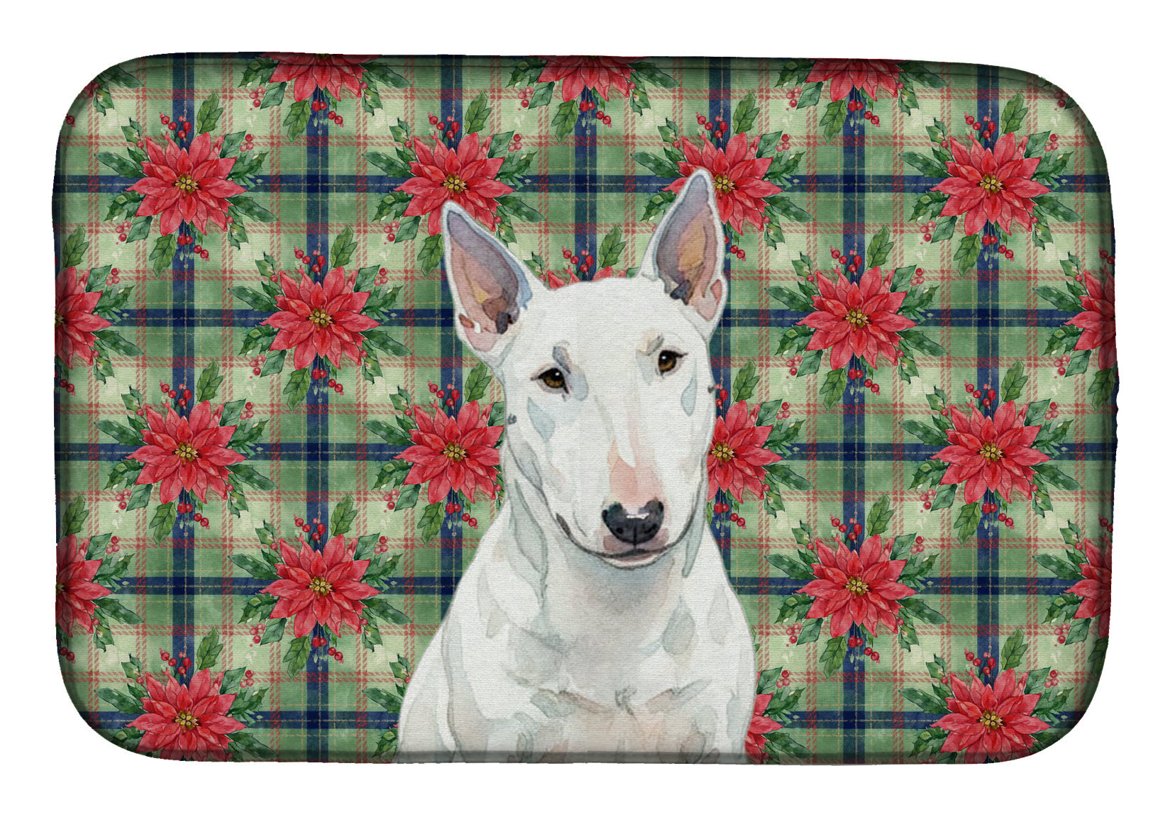 White Miniature Bull Terrier Christmas PoinsettIas Dish Drying Mat Absorbent Dish Drying Mat Pad for Kitchen Counter Dish Drainer Mat for Countertop, 14 x 21", Multicolor