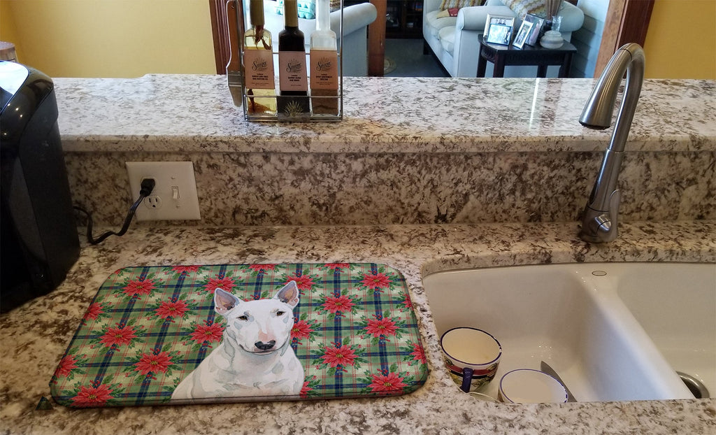 White Miniature Bull Terrier Christmas PoinsettIas Dish Drying Mat Absorbent Dish Drying Mat Pad for Kitchen Counter Dish Drainer Mat for Countertop, 14 x 21", Multicolor