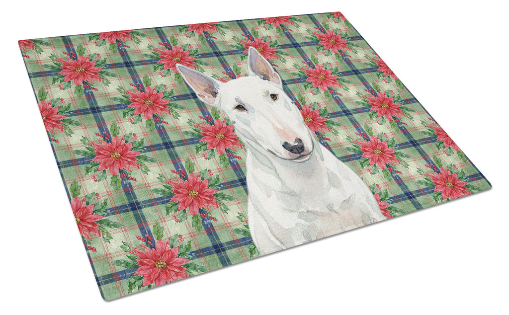 White Miniature Bull Terrier Christmas PoinsettIas Cutting Board Tempered Glass Kitchen Cutting Surface, Heat Resistant Chopping, Non-Slip Feet, Food Prep & Serving