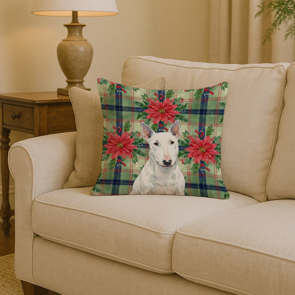 White Miniature Bull Terrier Christmas PoinsettIas Decorative Throw Pillow 14x14 Indoor Outdoor Accent Cushion, Fabric Cover with Insert for Sofa, Bed, Porch & Living Room